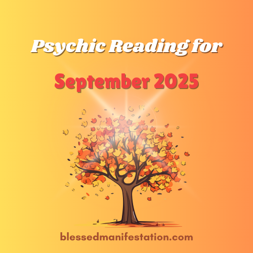 The words "Psychic Reading for September 2025" against a light orange gradient background. An autumn tree depicted at the center.