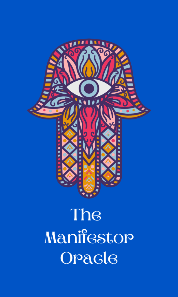 Stylized Hamsa hand with a central eye against a blue background, with the text "The Manifestor Oracle" below.