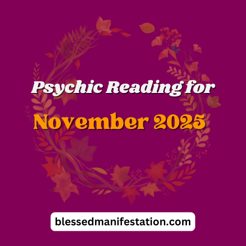 The words "Psychic Reading for November 2025" against a magenta background. An Autumn wreath depicted at the center.