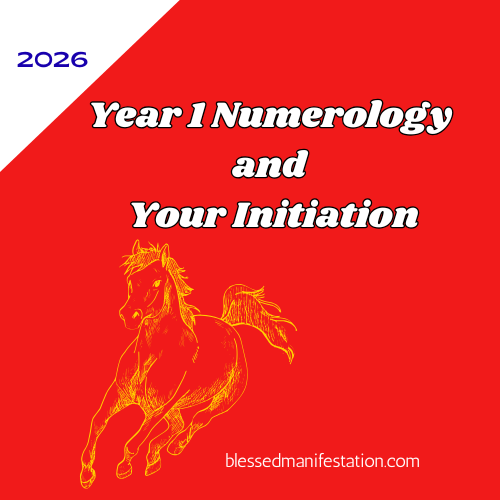 an orange horse on a bright red background, the blog post title in white letters at the center, "year 1 numerology and your initiation"