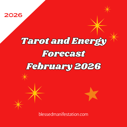 The words "Tarot and Energy Forecast February 2026" against a red and white background, surrounded by golden stars.