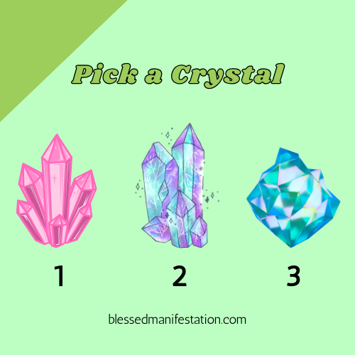 Three illustrated crystals labeled 1, 2, and 3 on a green background with the text "Pick a Crystal" and a website link at the bottom.
