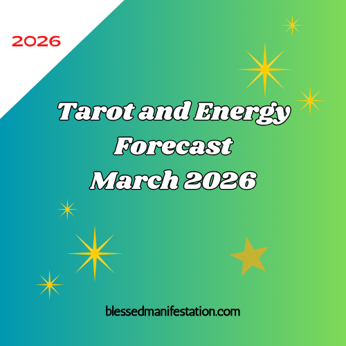 The words "Tarot and Energy Forecast March 2026" against a light green and white background, surrounded by golden stars.