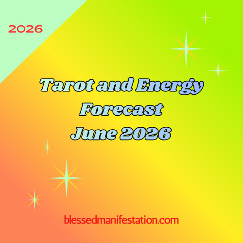 The words "Tarot and Energy Forecast June 2026" against a light yellow and red gradient background, surrounded by stars.