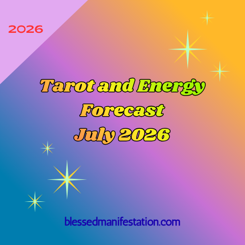 The words "Tarot and Energy Forecast July 2026" against a light blue, purple, and orange gradient background, surrounded by stars.