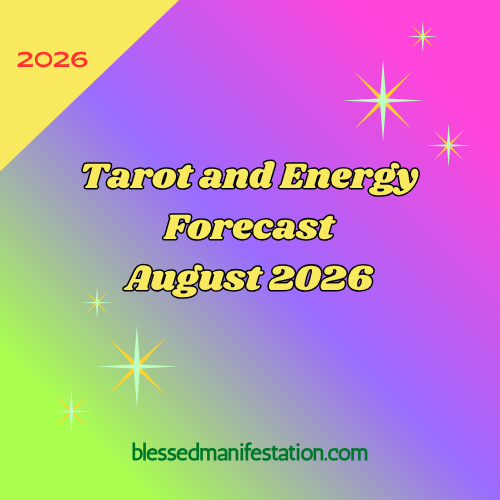 The words "Tarot and Energy Forecast August 2026" against a light purple, and green gradient background, surrounded by stars.