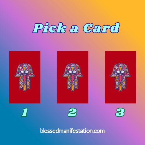 Pick a Card reading image featuring three face-down oracle cards labeled 1, 2, and 3 on a purple, pink, and orange gradient background. Choose a card for your July Mercury Retrograde reading.