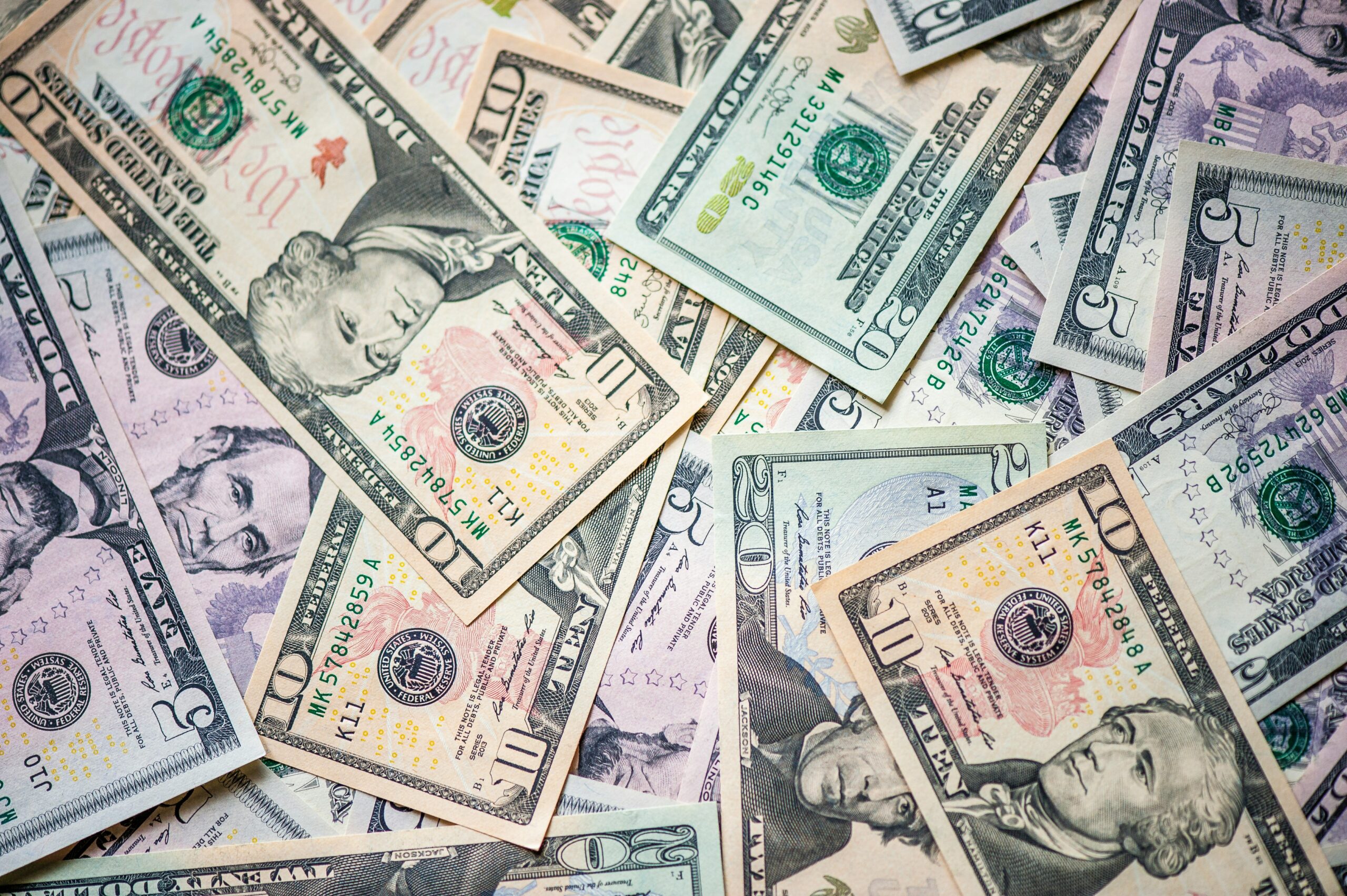 A photo of different denominations of American dollar bills