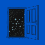 An image of an open door with stars on the other side