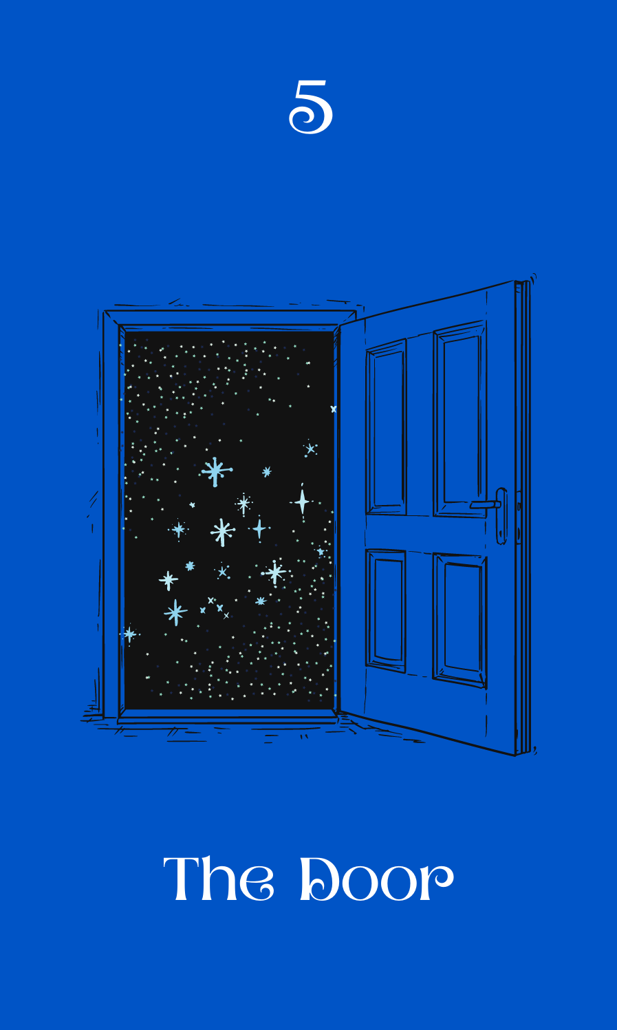 An image of an open door with stars on the other side