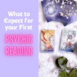 A picture of Tarot Cards on a white cloth, and the blog post title on the side which reads "what to expect from your first psychic reading"