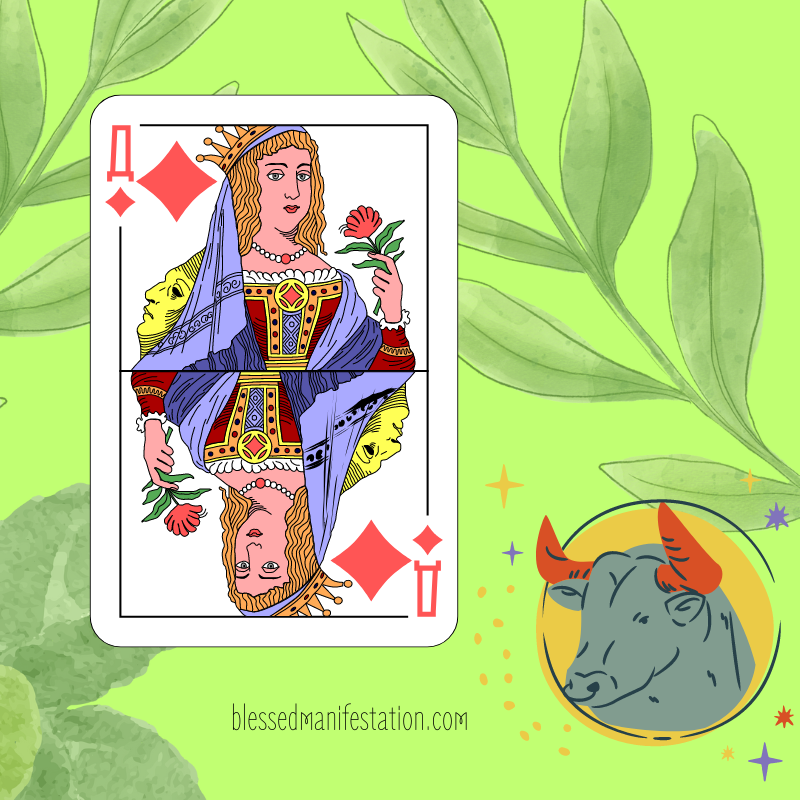 An illustrated queen of diamonds playing card featuring a female figure holding a flower, accented by leafy green background and a taurus zodiac symbol.