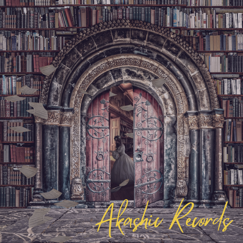 A picture of a library with many shelves and books on them. An archway is at the center. Pages are flying throughout and there is an open door at the center of the archway. There is a woman in a dress inside the doorway. The words "Akashic Records" are in yellow towards the bottom right of the picture.