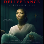 A woman looks distressed while holding a child, with a crucifix on the wall behind her in a promotional poster for the film "The Deliverance," premiering on Netflix August 30.