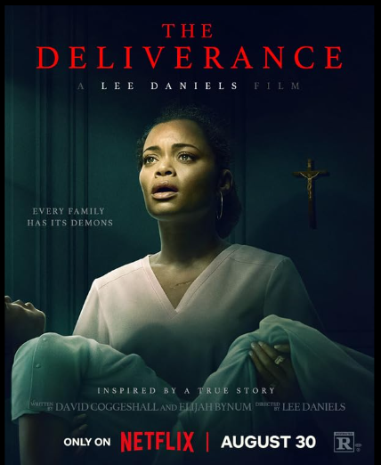 A woman looks distressed while holding a child, with a crucifix on the wall behind her in a promotional poster for the film "The Deliverance," premiering on Netflix August 30.