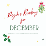 Illustration of mistletoe and holly in green and red colors, on a white background and the words "Psychic Reading for December" in the foreground.