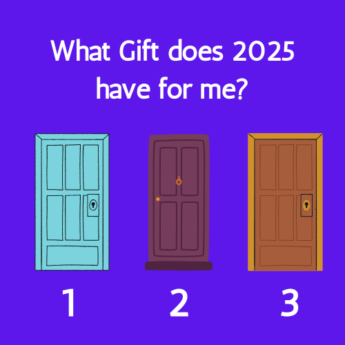 The illustration reads "what gift does 2025 have for me?" There are 3 doors; the 1st is a light blue, the 2nd is a deep purple, and the 3rd is a medium brown