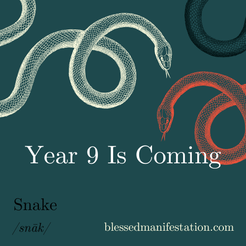 Illustration of two coiled snakes on a dark green background with the text "Year 9 Is Coming" and "Snake" with pronunciation. The website "blessedmanifestation.com" is at the bottom.