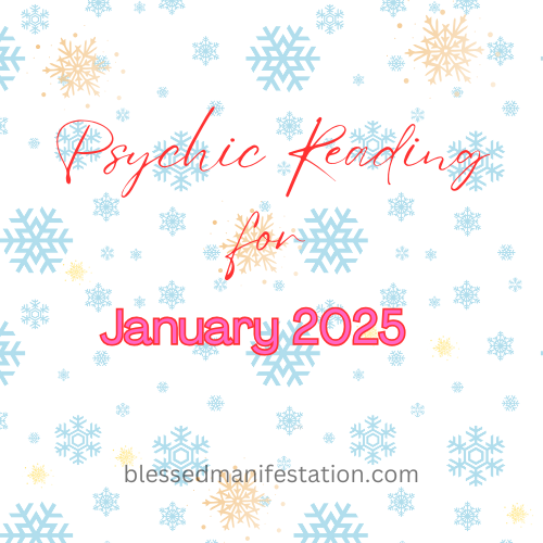 Illustration of light blue and gold snowflakes on a white background and the words "Psychic Reading for January 2025" in the foreground.