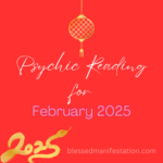 The words "Psychic Reading for February 2025" against a red background. An illustration of a golden Chinese lantern above the words, and another illustration of a golden snake on the bottom left, representing the Lunar New Year of the snake.