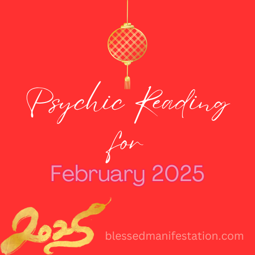 The words "Psychic Reading for February 2025" against a red background. An illustration of a golden Chinese lantern above the words, and another illustration of a golden snake on the bottom left, representing the Lunar New Year of the snake.