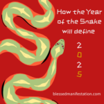 Illustration of a large green and yellow snake winding up on a red background. The words "How the year of the snake will define 2025" on the foreground