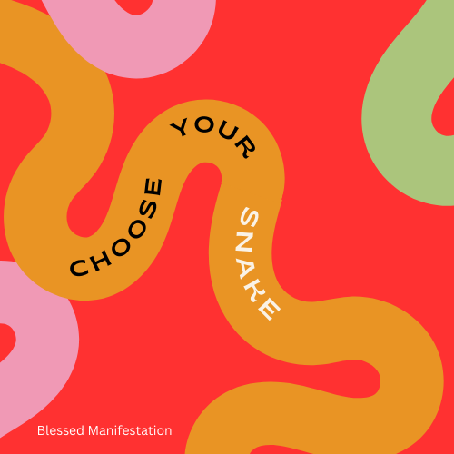 An illustration of 4 squiggly shapes in light orange, light green, and light lavender colors on a bright red background. The words "Choose your snake: how to succeed in 2025" within the big orange shape.