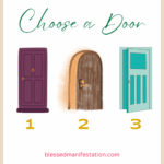 "Choose a Door" words at the top and 3 illustrations of doors with a 1, 2, 3 underneath. May pick-a-card reading