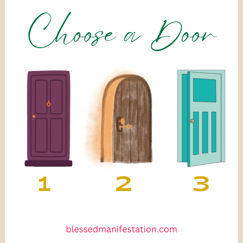 "Choose a Door" words at the top and 3 illustrations of doors with a 1, 2, 3 underneath. May pick-a-card reading