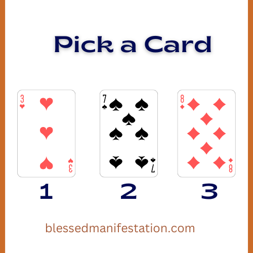 The image for the "Pick a card" reading for June depicting a red 3 of hearts card, a black 7 of spades card, and a red 8 of diamonds card