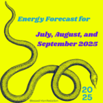 A blue snake coiling against a bright yellow background. The words are "Energy Forecast for July, August, and September 2025"