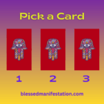 Three red cards with colorful Hamsa designs, numbered 1 to 3, on a purple to yellow gradient background. Text reads 'Pick a Card.'