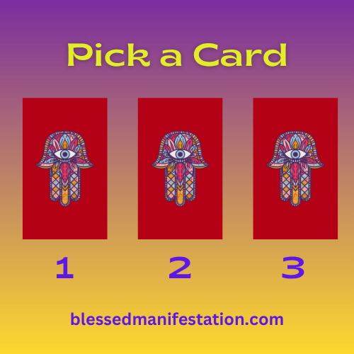 Three red cards with colorful Hamsa designs, numbered 1 to 3, on a purple to yellow gradient background. Text reads 'Pick a Card.'
