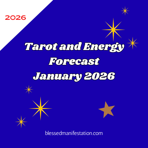 The words "Tarot and Energy Forecast January 2026" against a blue and white background, surrounded by golden stars.