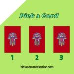 Three illustrated cards labeled 1, 2, and 3 on a green background with the text "Pick a Card" at the top and a website link at the bottom.