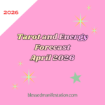 The words "Tarot and Energy Forecast April 2026" against a light pink and white background, surrounded by stars.