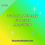 The words "Tarot and Energy Forecast May 2026" against a light green and blue gradient background, surrounded by stars.