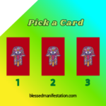 Three illustrated cards labeled 1, 2, and 3 on a light green and blue background with the text "Pick a Card" at the top and a website link at the bottom.