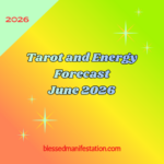 The words "Tarot and Energy Forecast June 2026" against a light yellow and red gradient background, surrounded by stars.