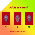 Three illustrated cards labeled 1, 2, and 3 on a light yellow and orange background with the text "Pick a Card" at the top and a website link at the bottom.