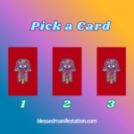Pick a Card reading image featuring three face-down oracle cards labeled 1, 2, and 3 on a purple, pink, and orange gradient background. Choose a card for your July Mercury Retrograde reading.